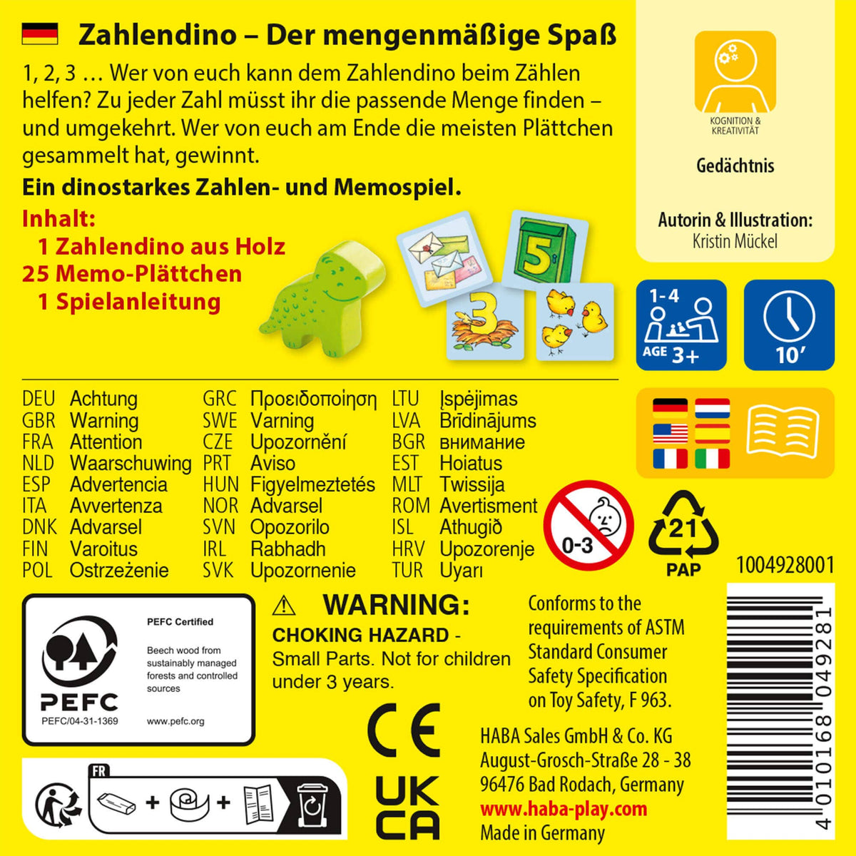 Back of a children's educational game packaging with text and graphics on a yellow background