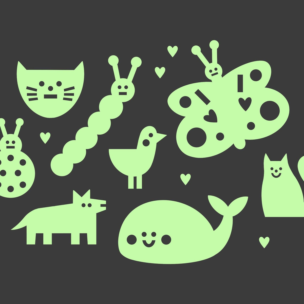 Glowing green animal illustrations on a black background