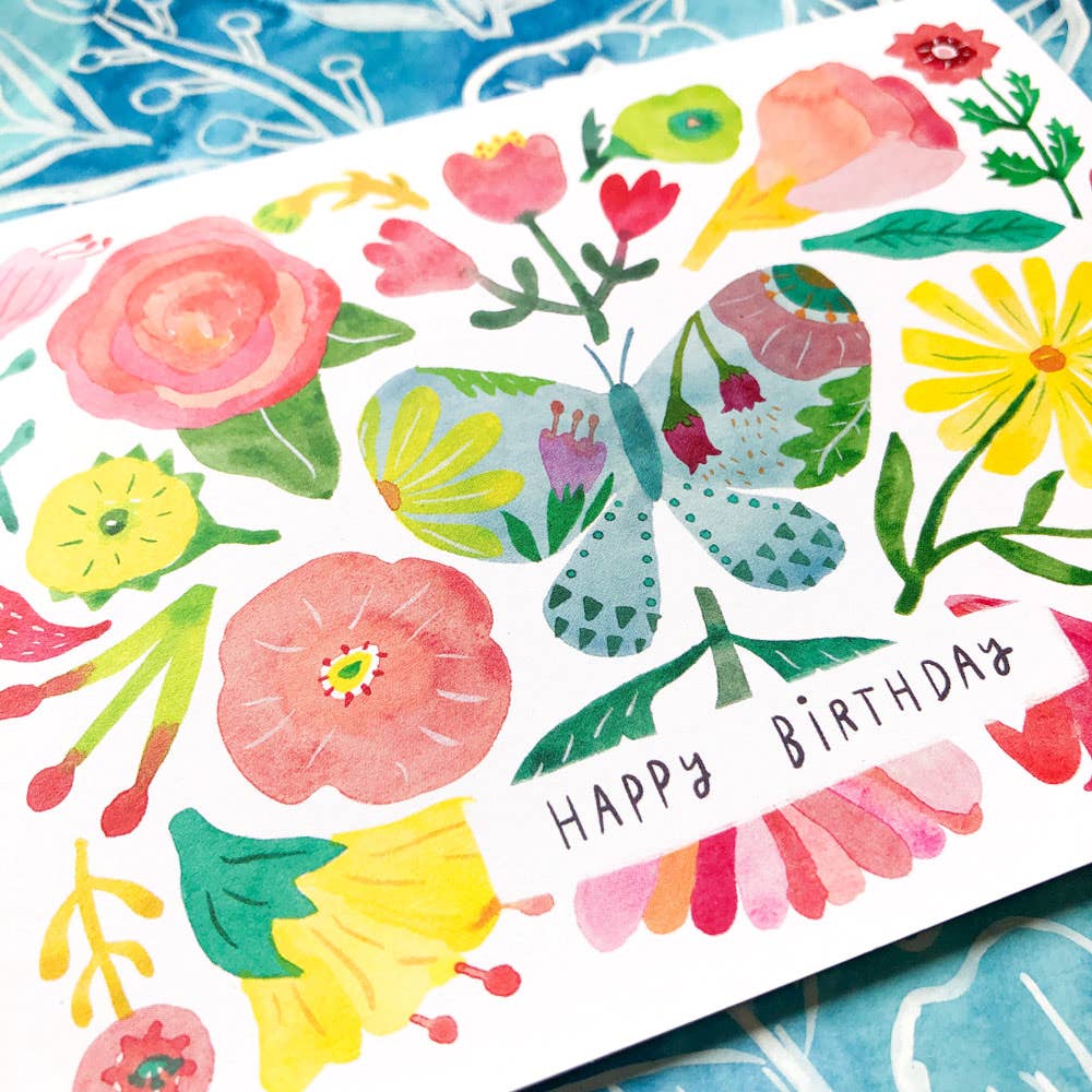 Colorful birthday card with flowers and a butterfly