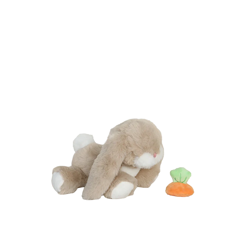Plush toy rabbit with a small carrot on a white background
