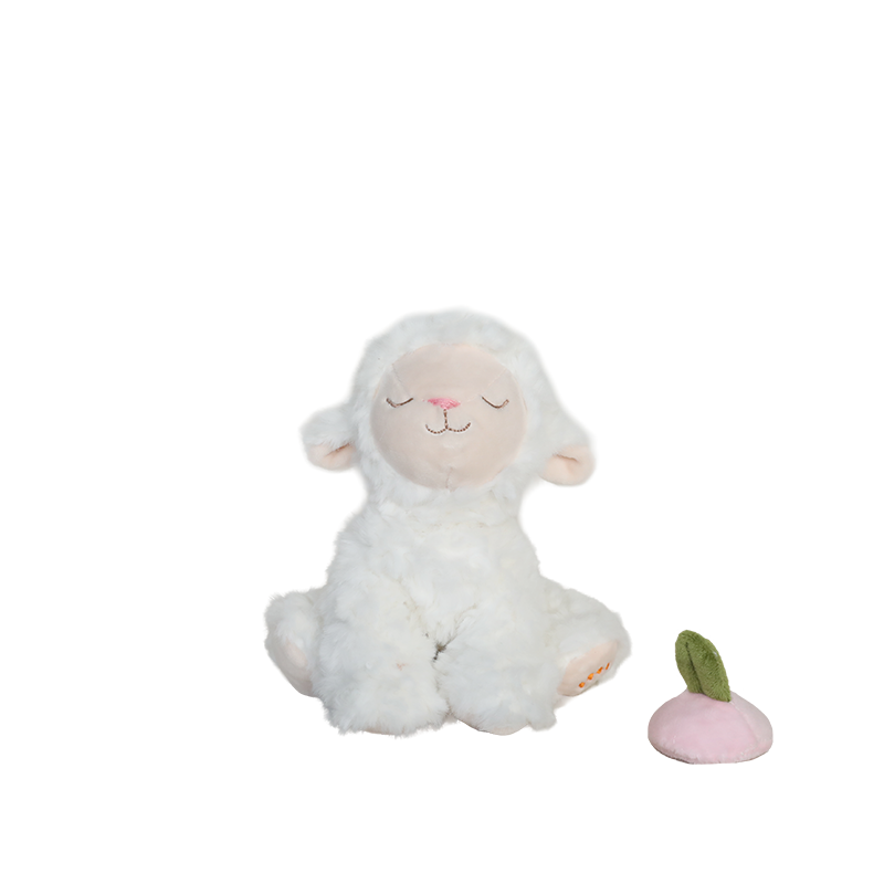 Child holding a soft toy resembling a sheep with a pink peach