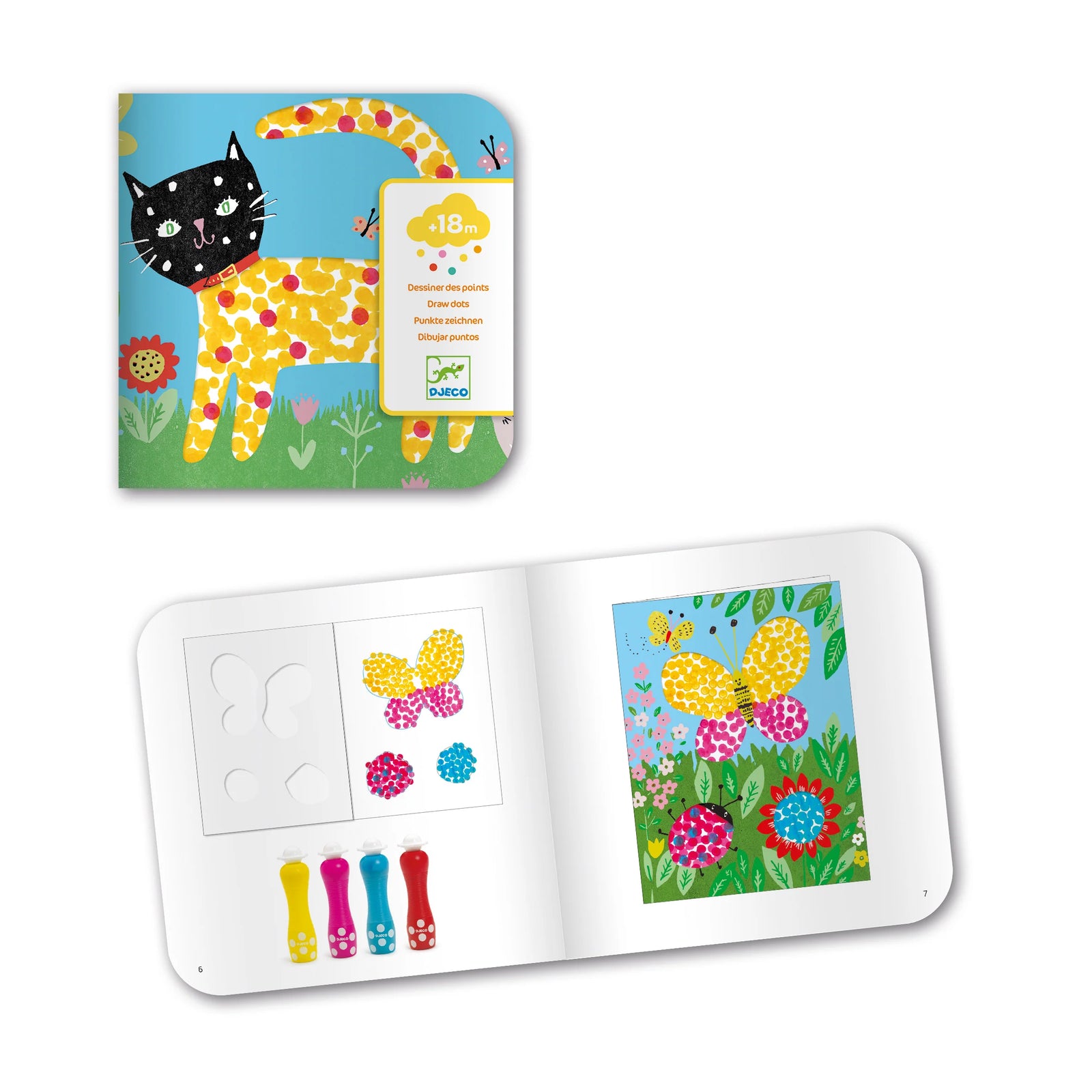 Colorful children's activity book with a cat illustration on a white background