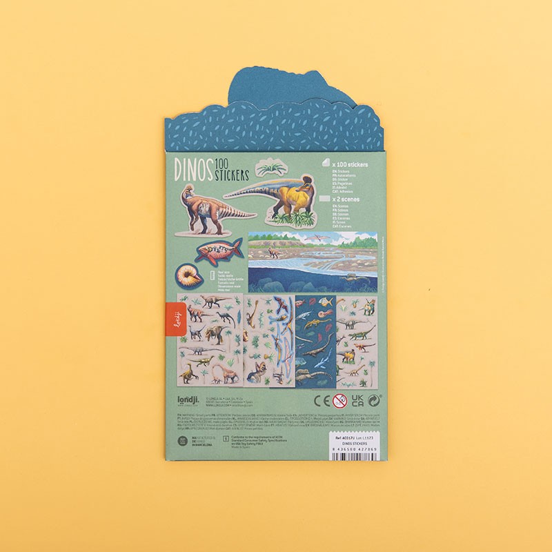 Packaging of dinosaur stickers with illustrations on a yellow background