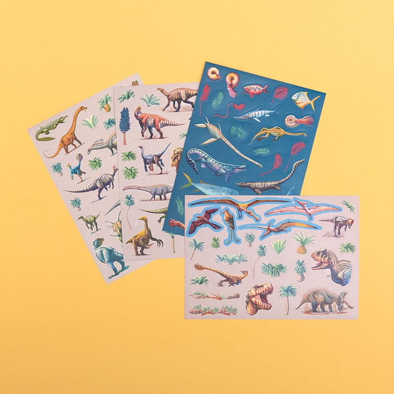 Pack of stickers with dinosaur illustration on a yellow background