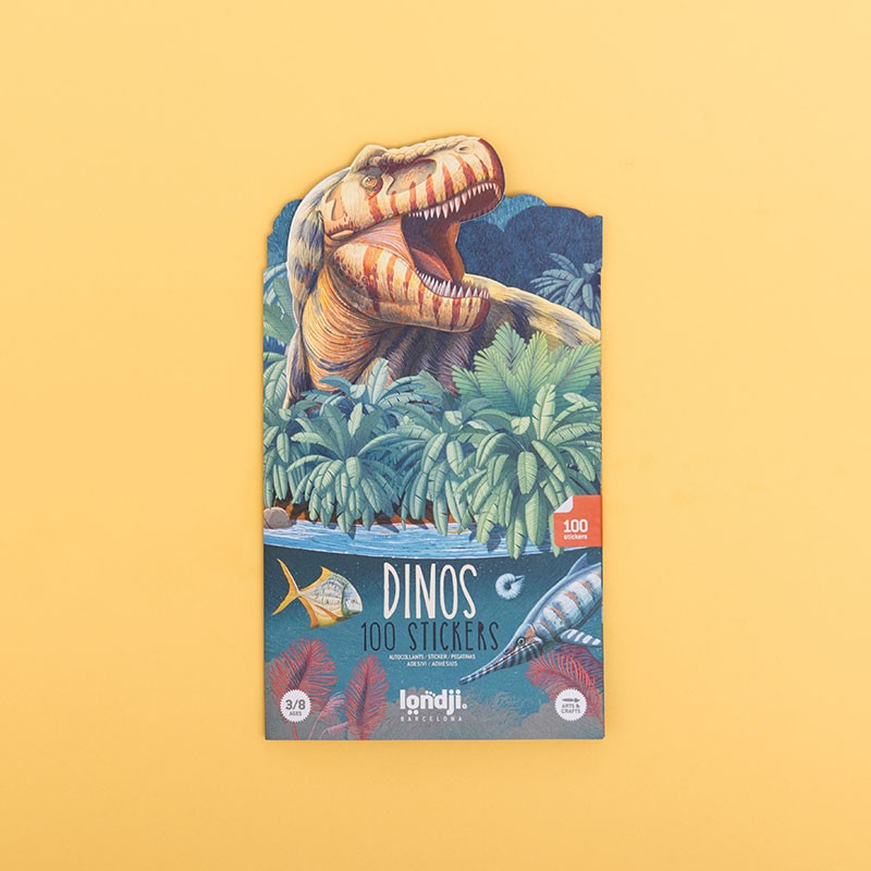 Pack of stickers with dinosaur illustration on a yellow background