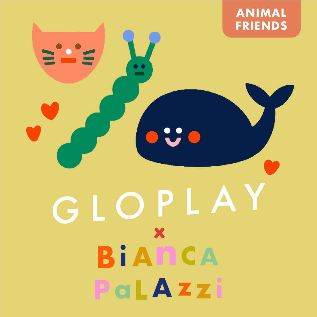 Children's book cover with a whale, caterpillar, and cat illustration on a yellow background, featuring Gloplay and Bianca Palazzi.