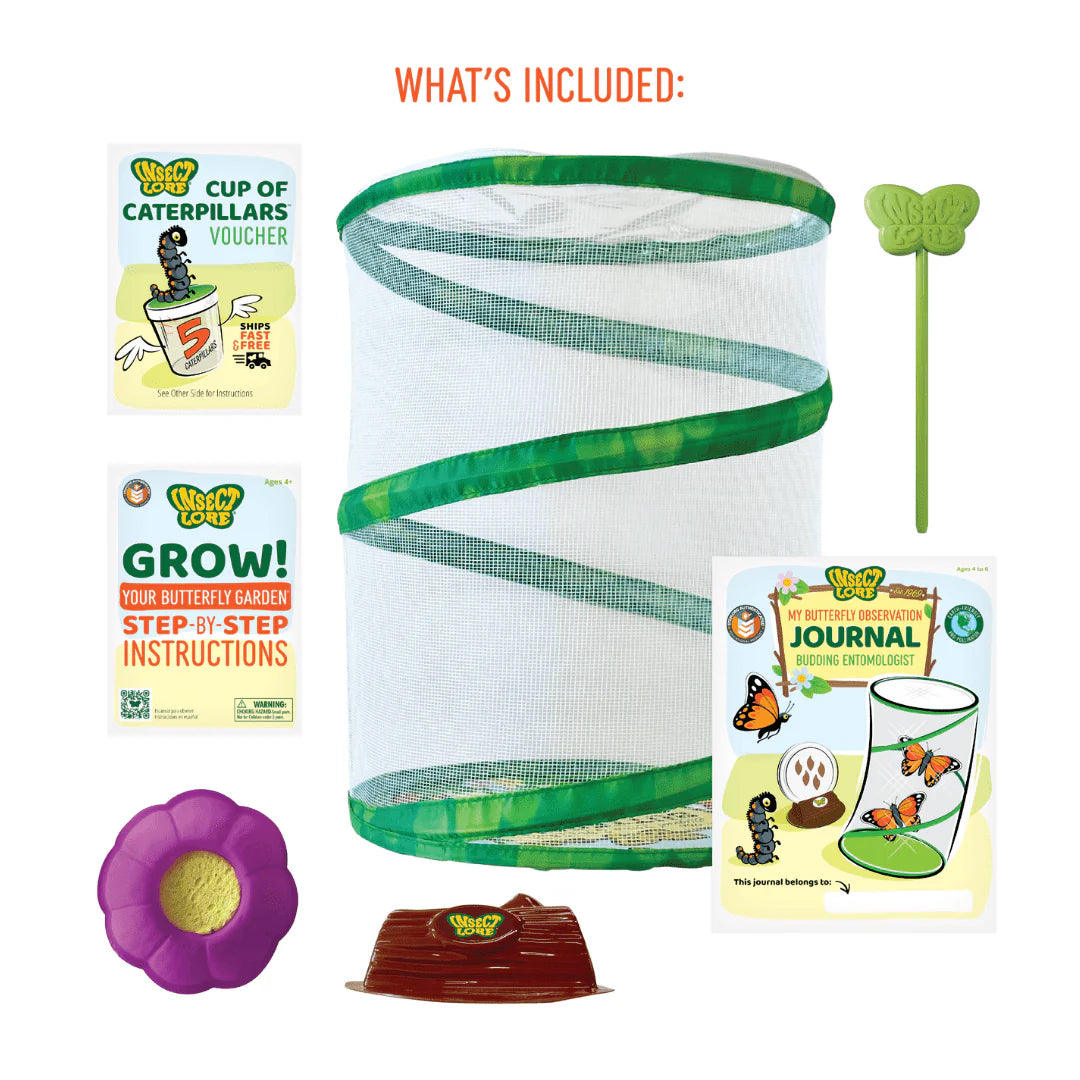 Weslo Lore Butterfly Garden life cycle kit packaging with illustrations of butterflies and flowers.
