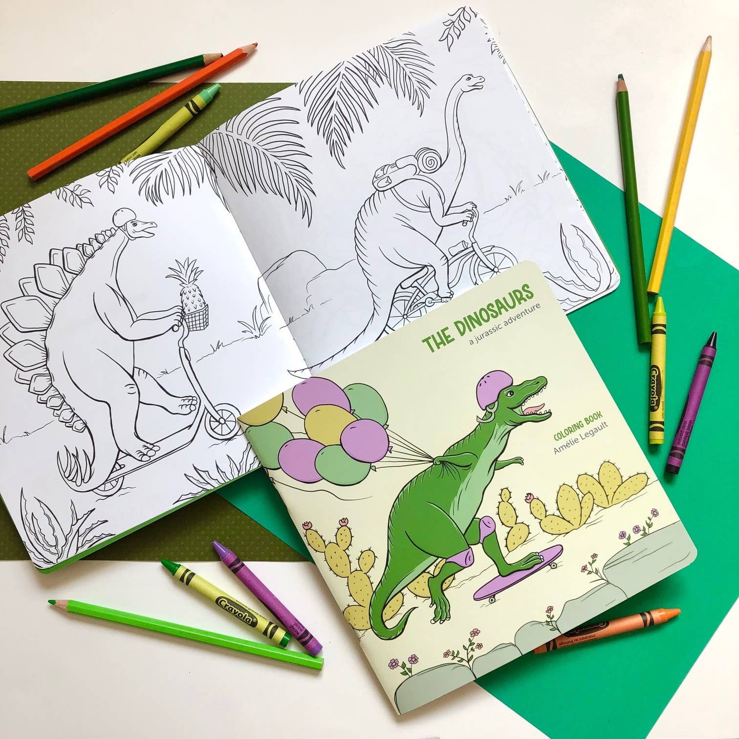 dinosaur holding balloons while skateboarding